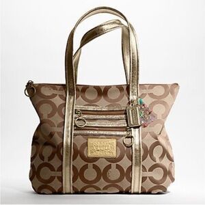 COACH Poppy Op Art Glam Brown Canvas Logo Bronze Shoulder Tote Bag